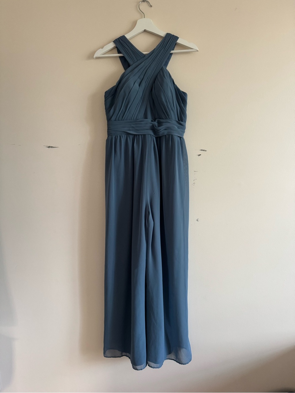 Azazie Womens Blue Halter Chiffon Pleated Wide-Leg Zip Jumpsuit Size A6